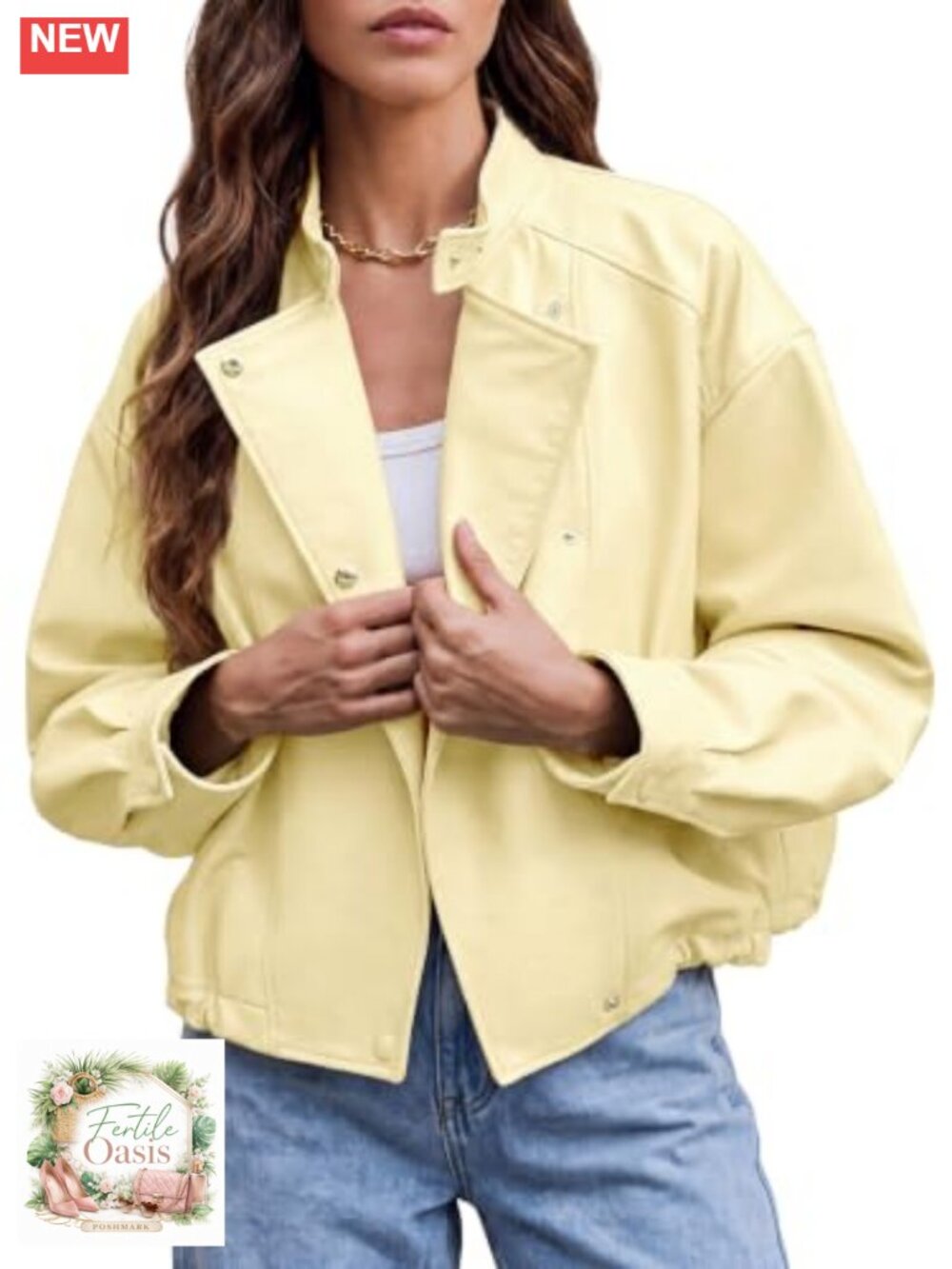 Oversized Faux Leather Moto Jacket Cropped Snap Front
